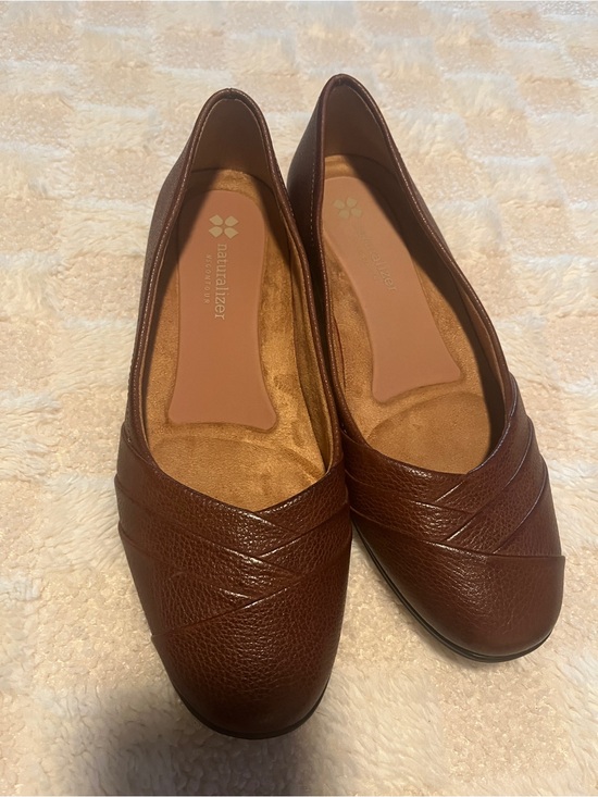 Naturalizer Shoes - Naturalizer Brown Leather Slip-On Flats with Pleated V‑Detail